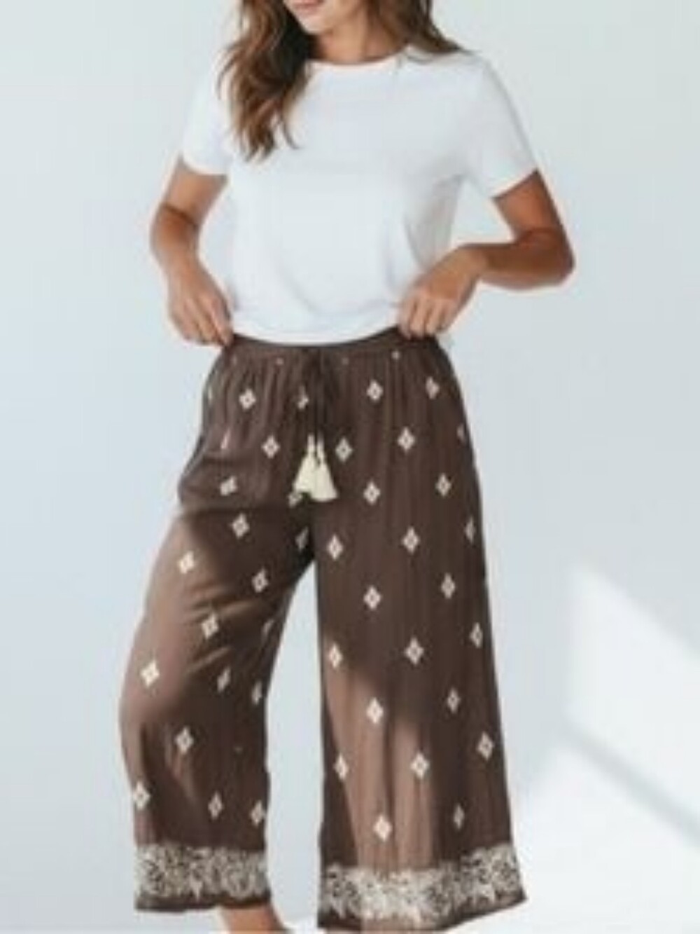 Sundance Le Meridian Embroidered Crop Pants Brown Boho Tassel Beach Wide Leg M
